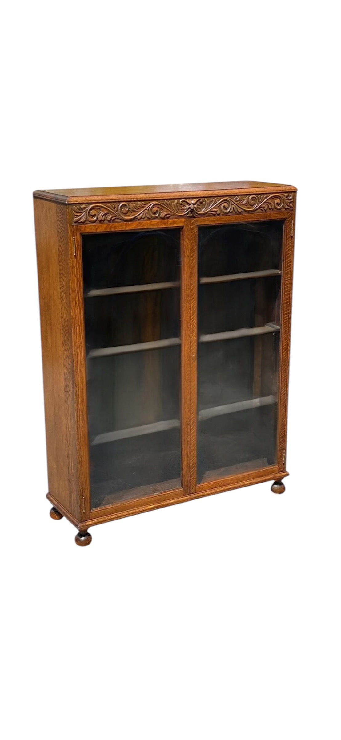 Antique Victorian Tiger Oak Double Door Bookcase With Grotesque Carved Frieze
