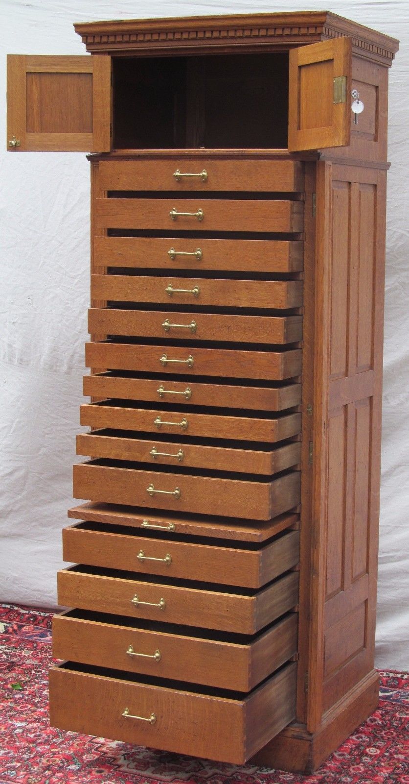 14 DRAWER OAK RAISED PANELED LOCKSIDE JEWELERS CABINET - THE ABSOLUTE FINEST!!! - Bay Colony Antiques File Cabinet