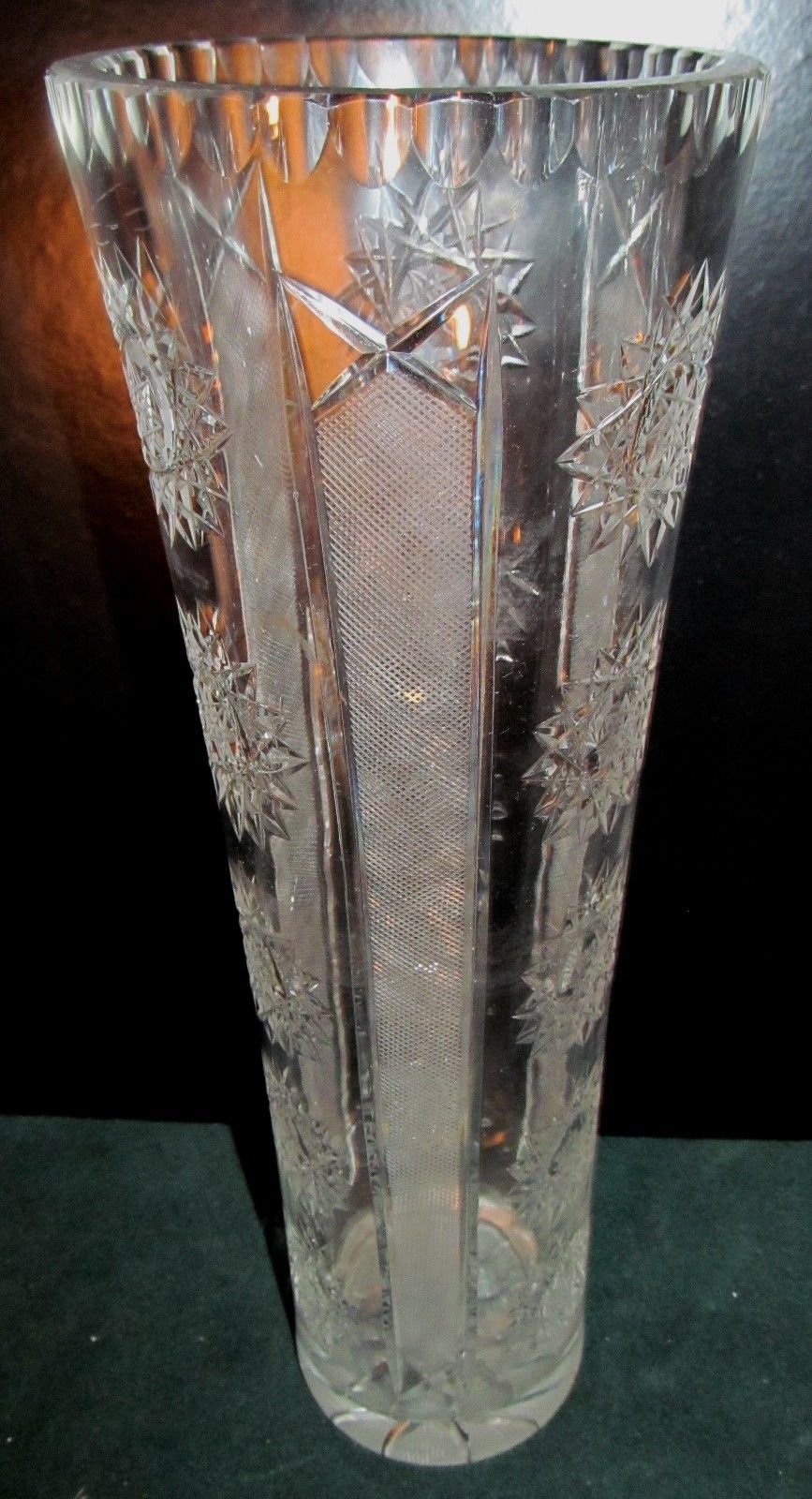 15" CUT WITH ETCHED PANEL CYLINDRICAL LEADED CRYSTAL VASE - Bay Colony Antiques Art Glass