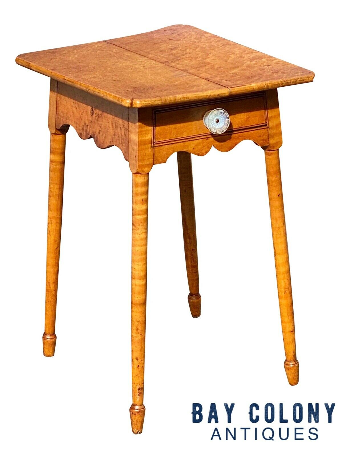 18th C Antique Birds Eye Maple & Tiger Maple Hepplewhite Work Table / Nightstand - Bay Colony Antiques Antiques:Furniture:Tables