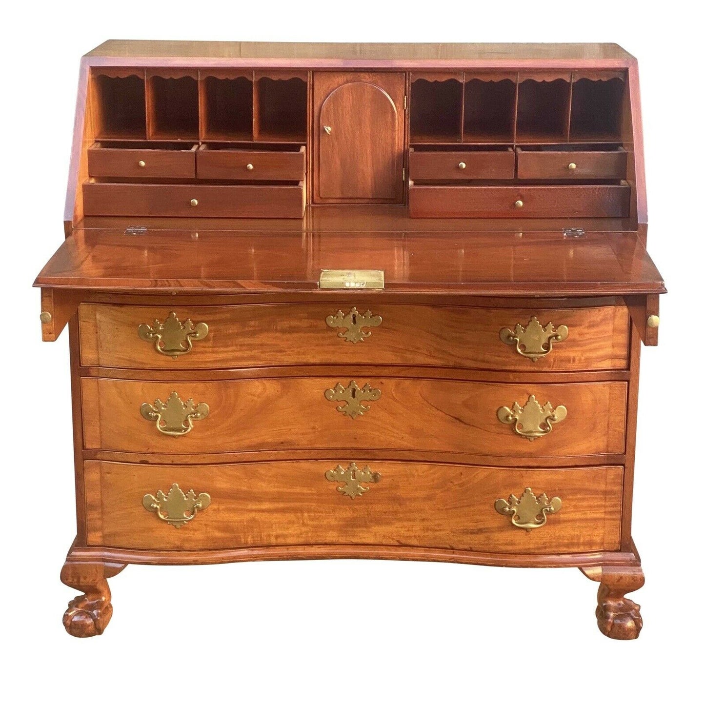 18th C Antique Boston Mahogany Chippendale Oxbow Desk W/ Ball & Claw Feet - Bay Colony Antiques Antiques:Furniture:Desks & Secretaries