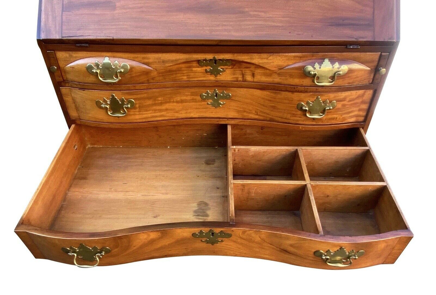 18th C Antique Boston Mahogany Chippendale Oxbow Desk W/ Ball & Claw Feet - Bay Colony Antiques Antiques:Furniture:Desks & Secretaries
