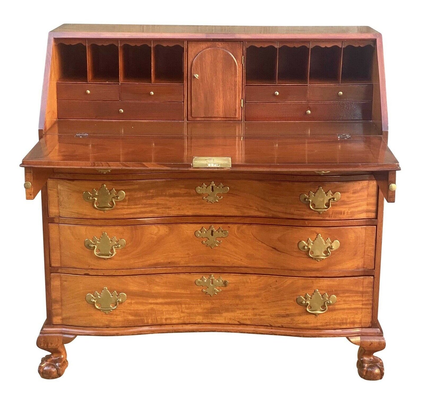 18th C Antique Boston Mahogany Chippendale Oxbow Desk W/ Ball & Claw Feet - Bay Colony Antiques Antiques:Furniture:Desks & Secretaries