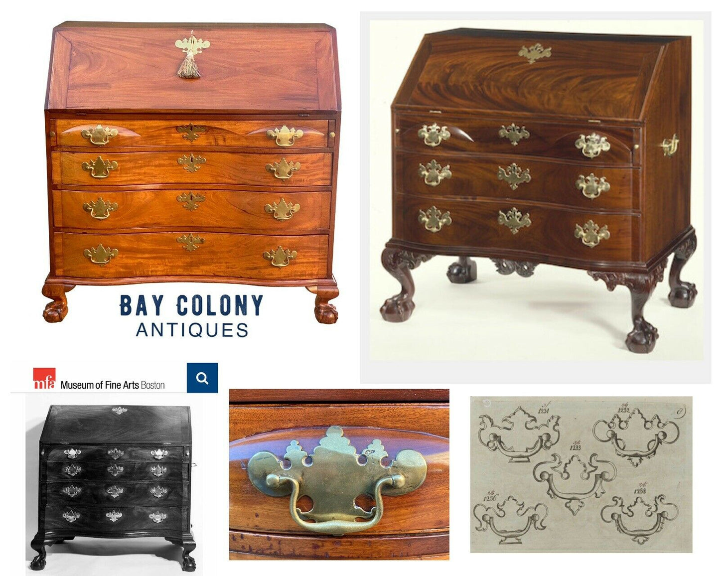 18th C Antique Boston Mahogany Chippendale Oxbow Desk W/ Ball & Claw Feet - Bay Colony Antiques Antiques:Furniture:Desks & Secretaries