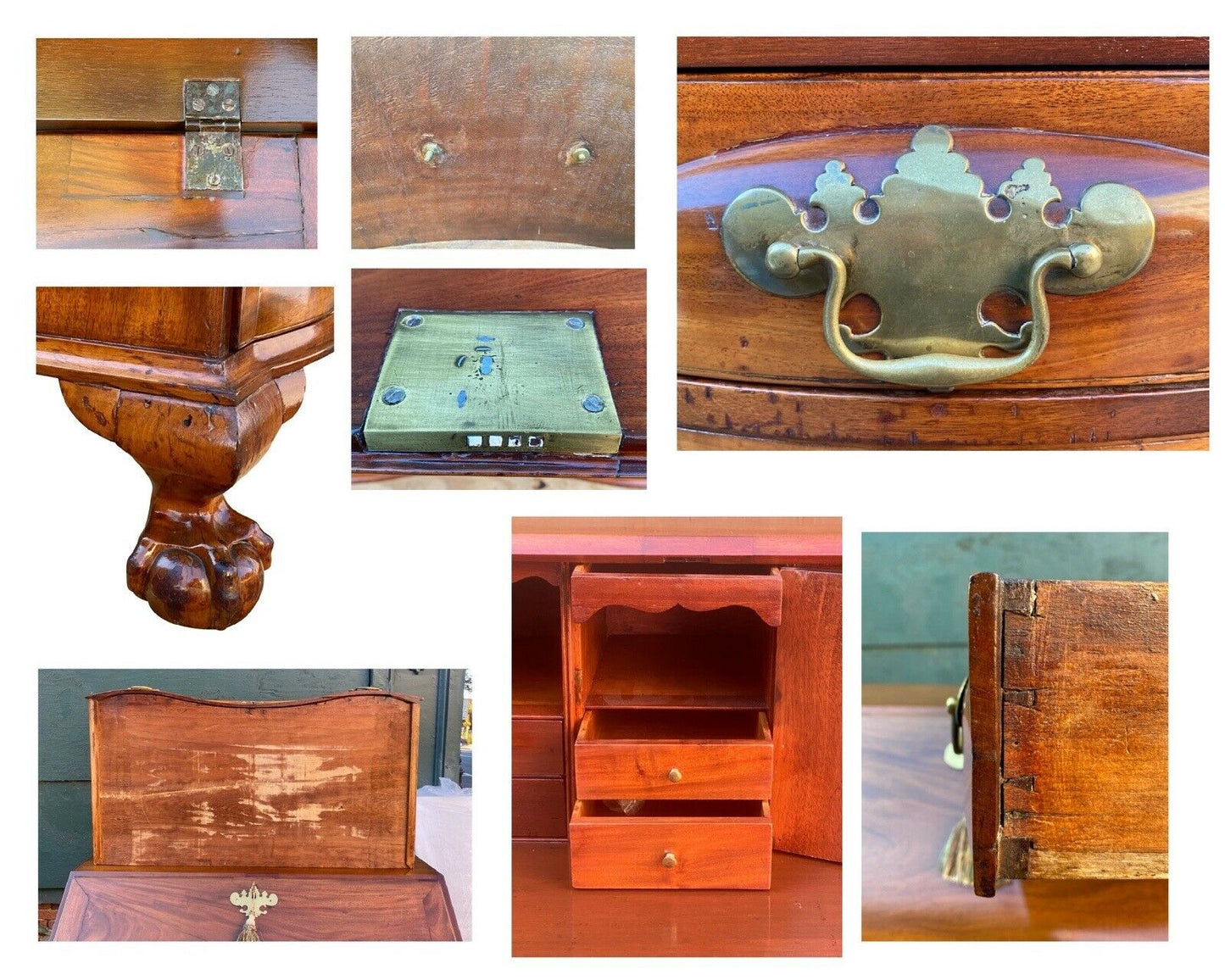 18th C Antique Boston Mahogany Chippendale Oxbow Desk W/ Ball & Claw Feet - Bay Colony Antiques Antiques:Furniture:Desks & Secretaries