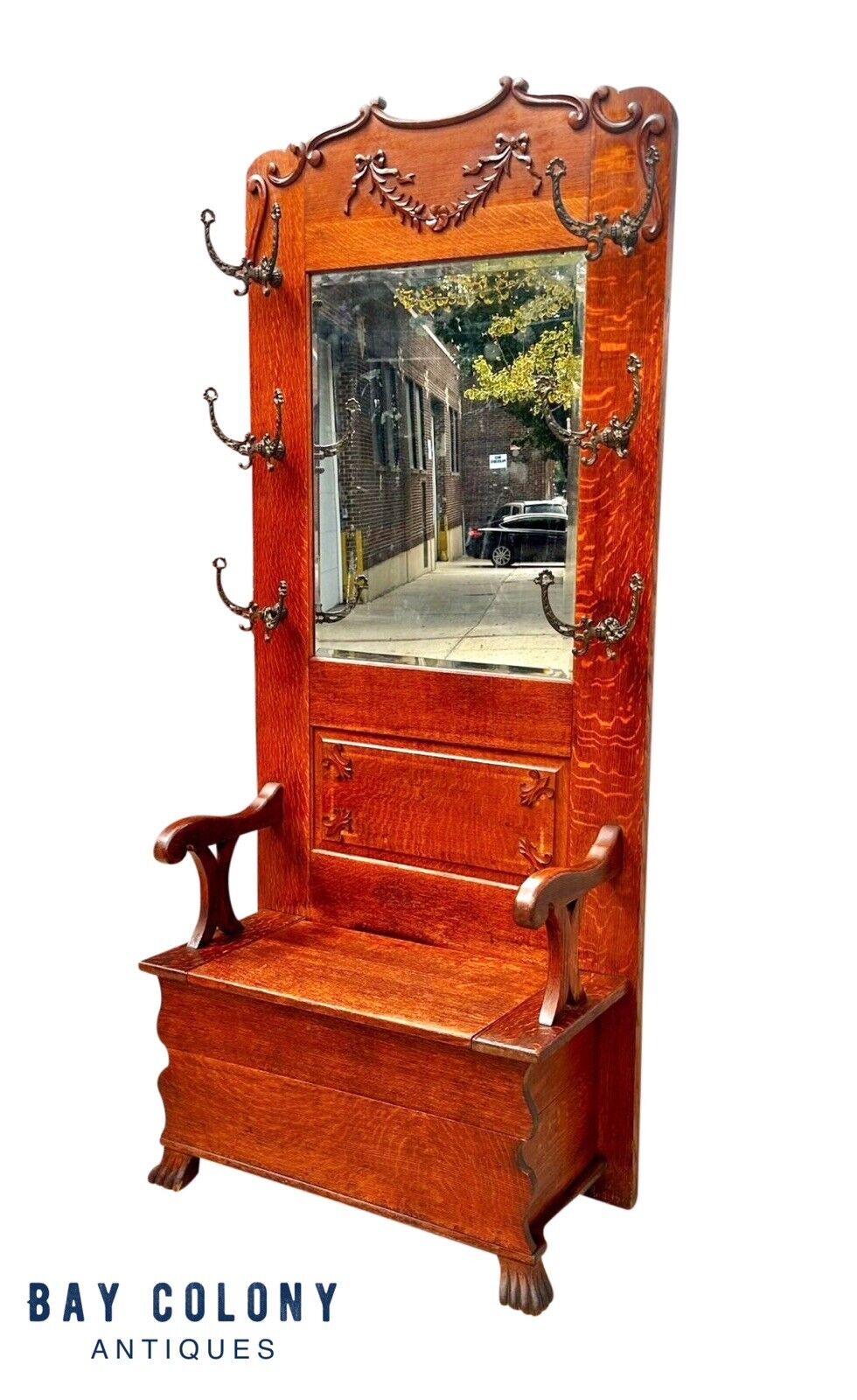 Antique Victorian Tiger Oak Hall Tree With Ribbon Carved Crest & Beveled Mirror