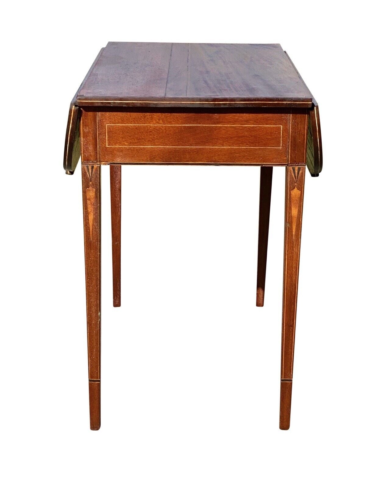Antique Mahogany Drop Leaf Table with Drawer & Icicle Inlaid Legs