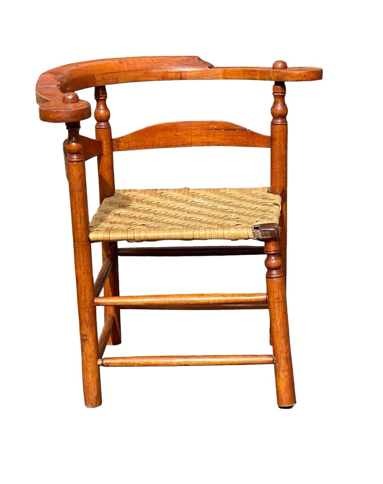 Antique Tiger Maple Corner Chair / Roundabout Chair w Splint Seat