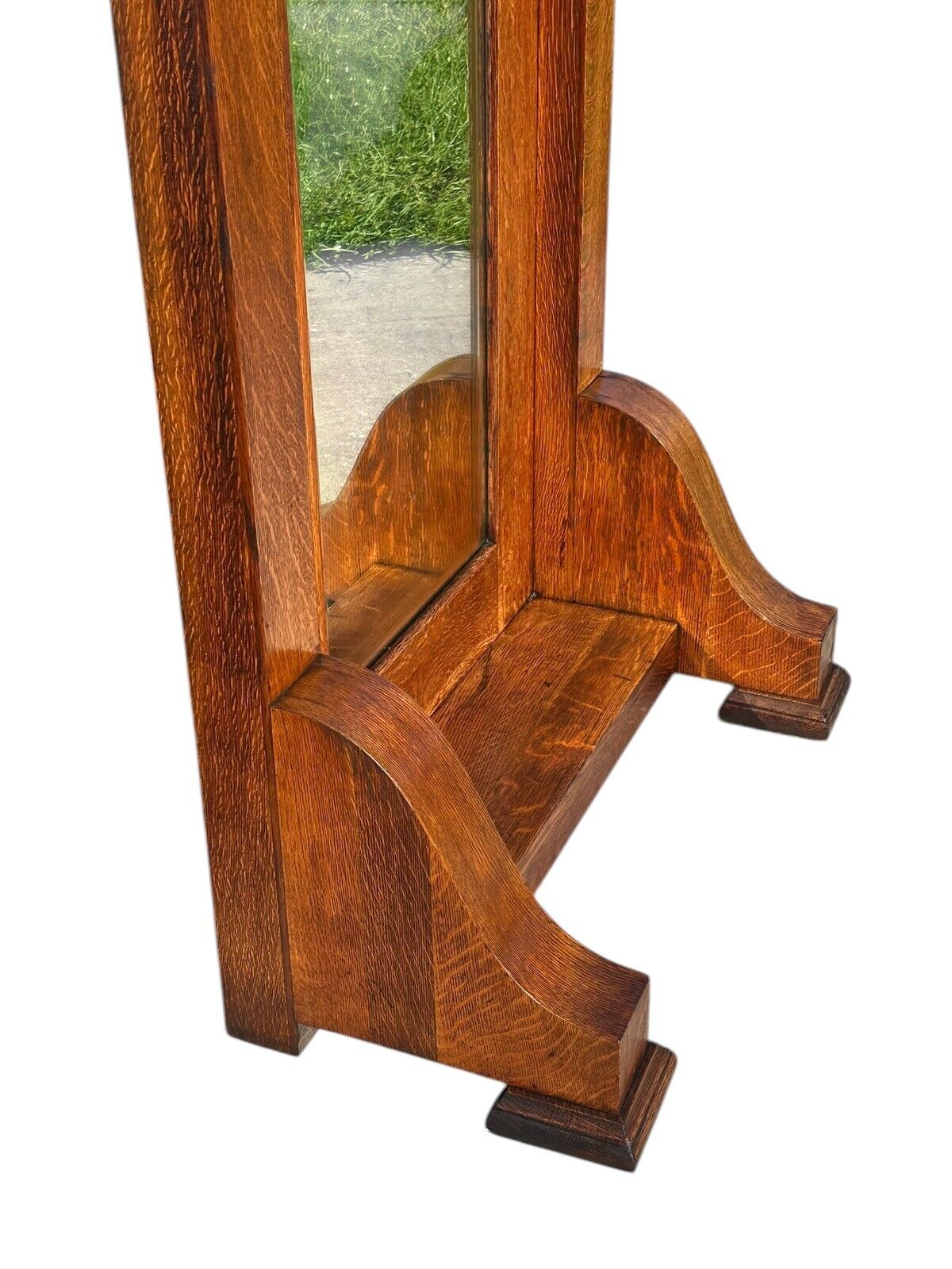 Antique Arts & Crafts Tiger Oak Hall Tree With Beveled Mirror & Japanned Hooks