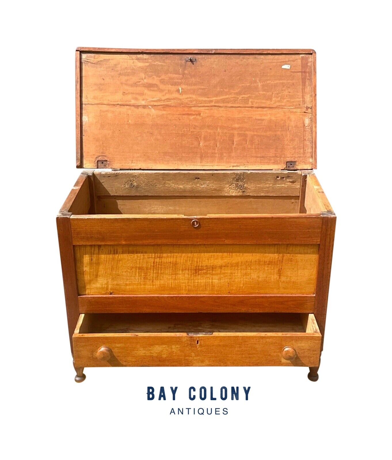 Antique Southern Walnut & Tiger Maple Raised Panel Blanket Chest on Turned Legs