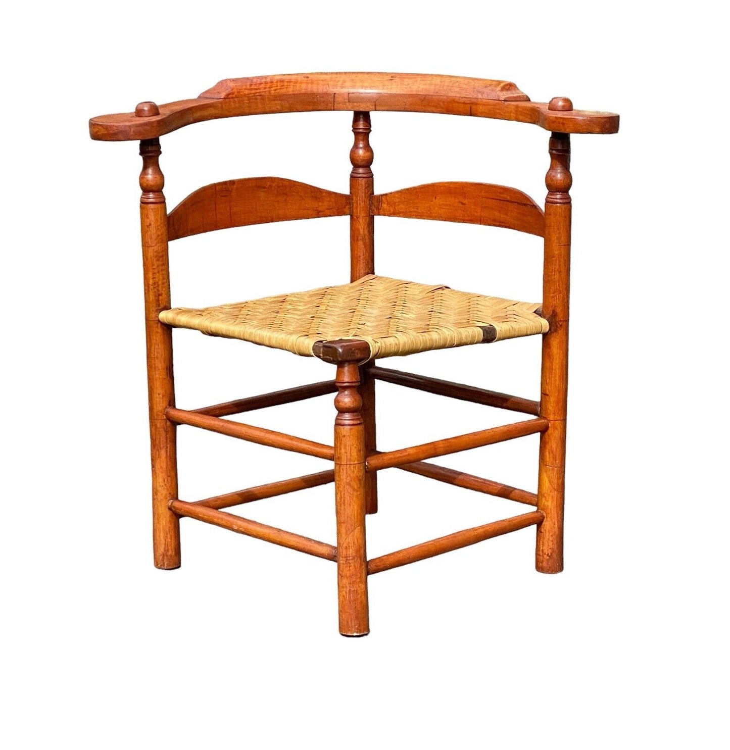 Antique Tiger Maple Corner Chair / Roundabout Chair w Splint Seat