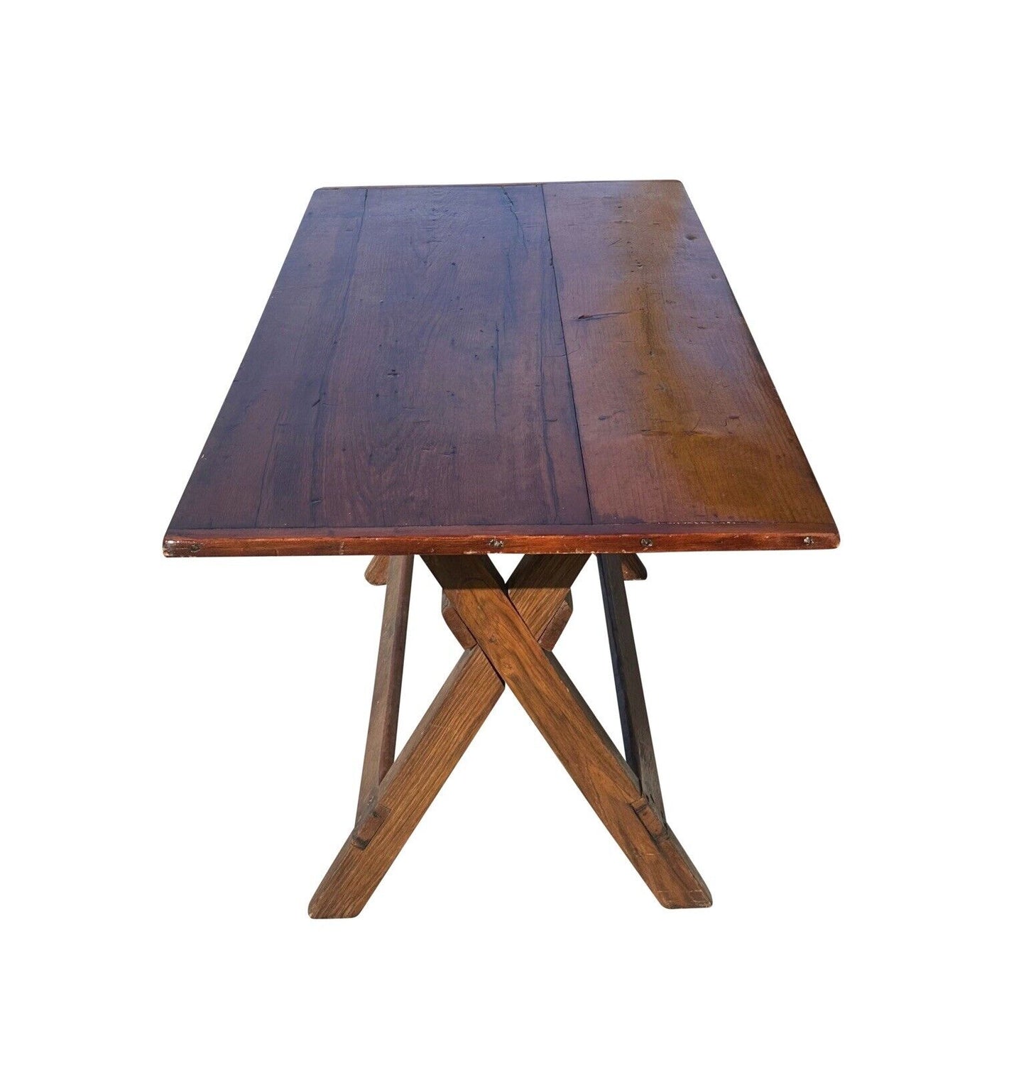 Late 19th Century Antique Nantucket Sawbuck Dining Table With Breadboard Ends