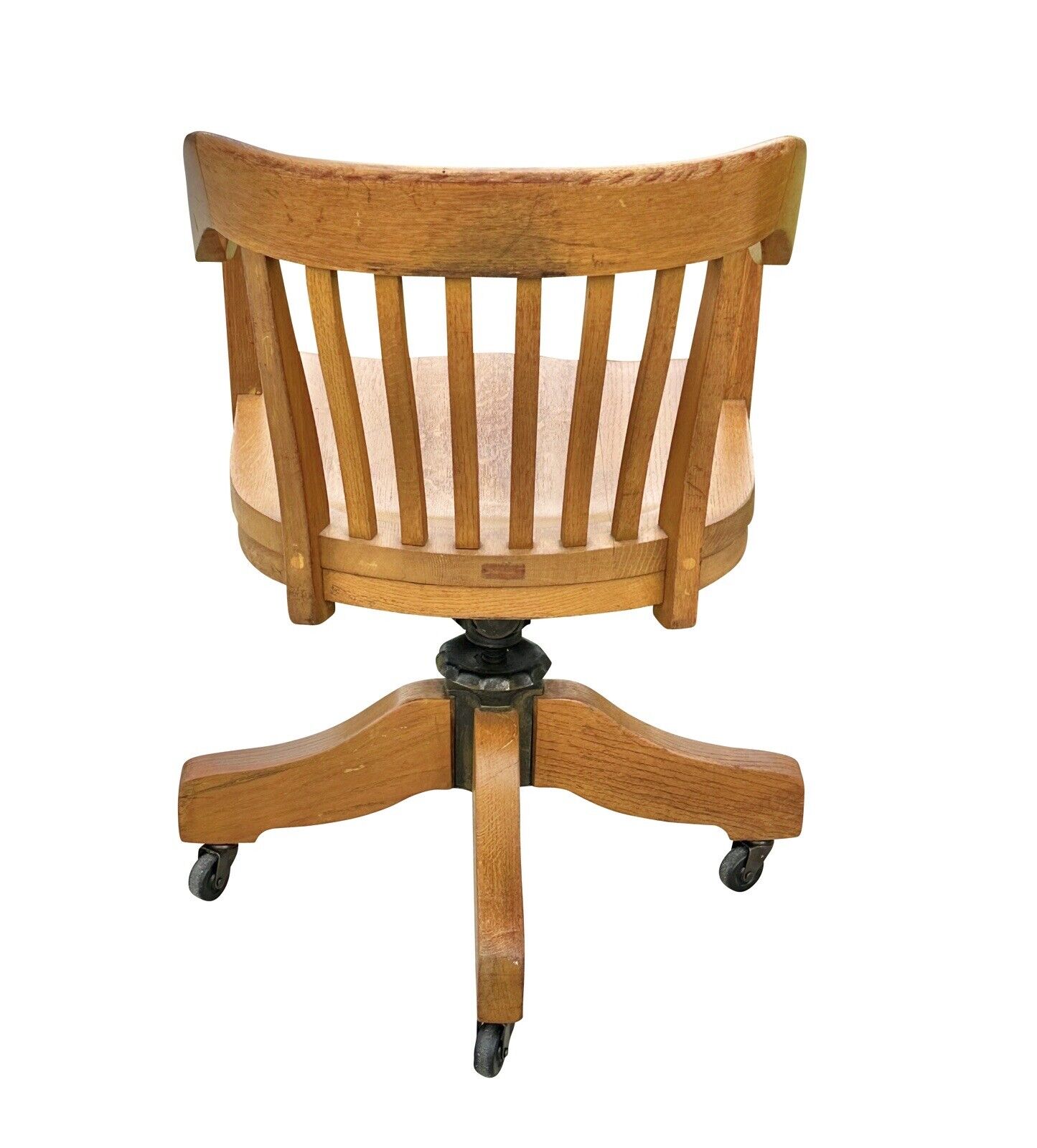 Antique Victorian Oak Bank of England Arm Chair With Curved Seat & Caster Wheels