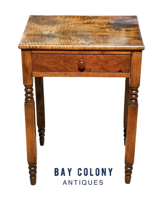 Early 19th Century Antique Tiger Maple & Cherry New York One Drawer Work Table