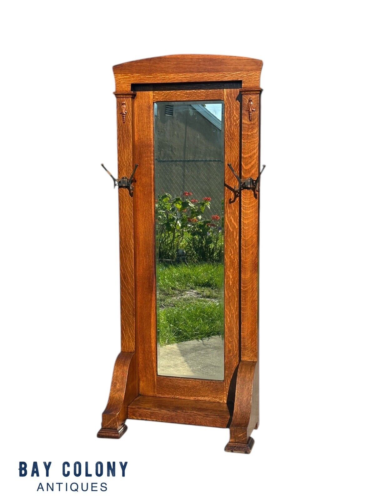 Antique Arts & Crafts Tiger Oak Hall Tree With Beveled Mirror & Japanned Hooks
