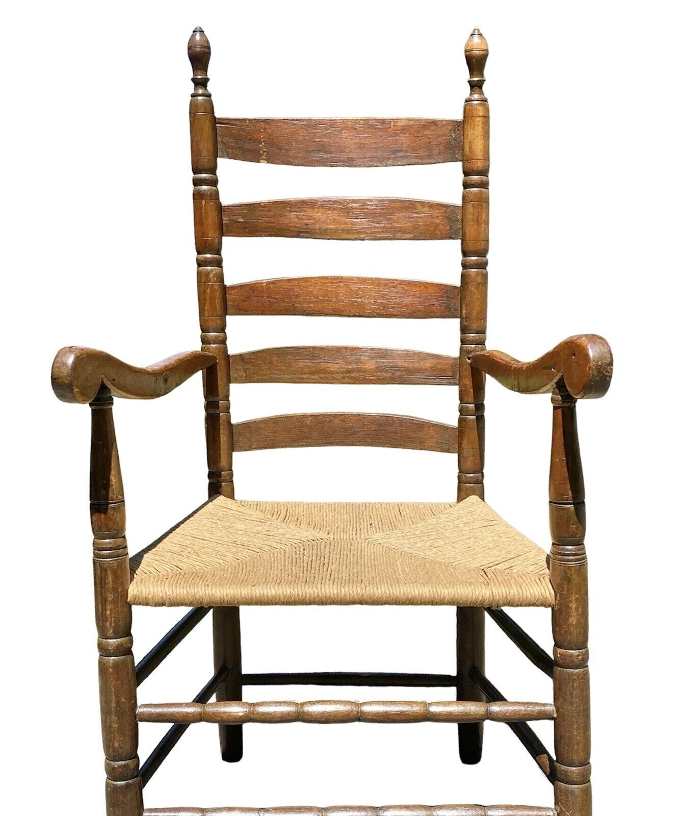 Early Queen Anne Period Walnut & Oak Ladderback Great Chair With Ram's Head Arms
