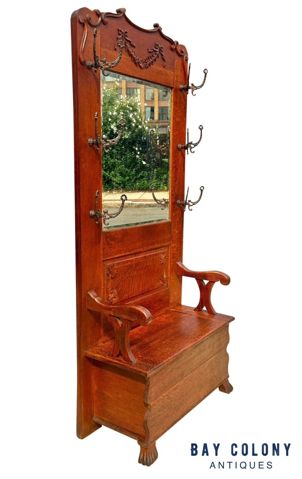 Antique Victorian Tiger Oak Hall Tree With Ribbon Carved Crest & Beveled Mirror