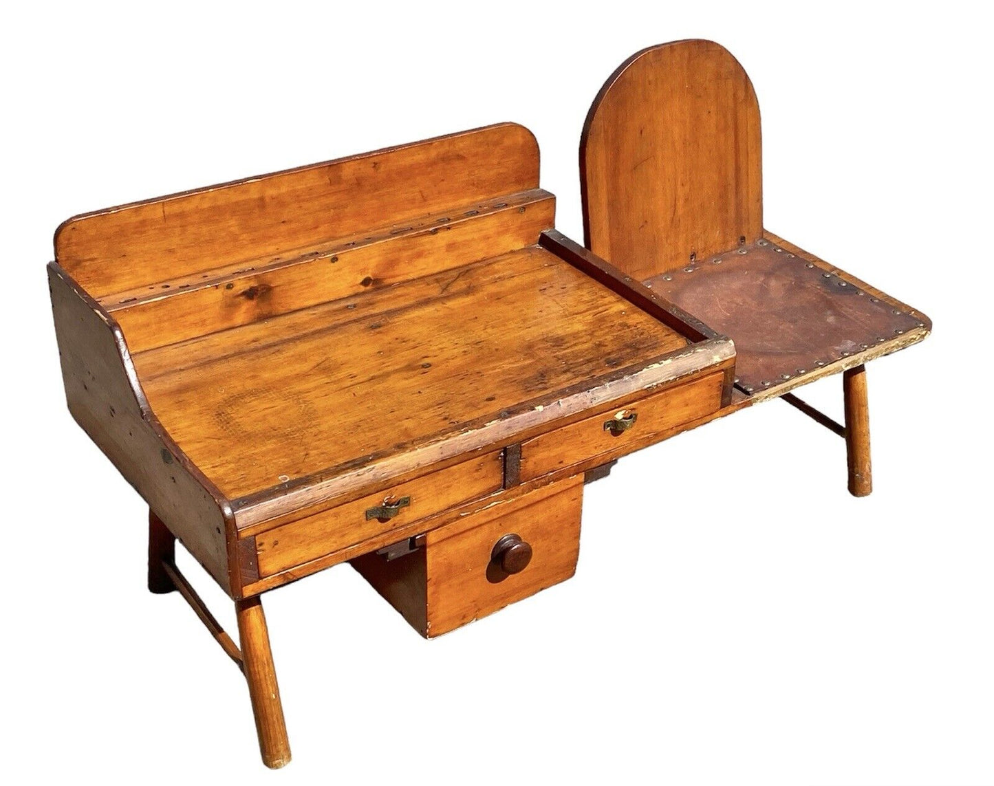 Antique Country Primitive Pine Cobblers Bench / Coffee Table with 3 Drawers