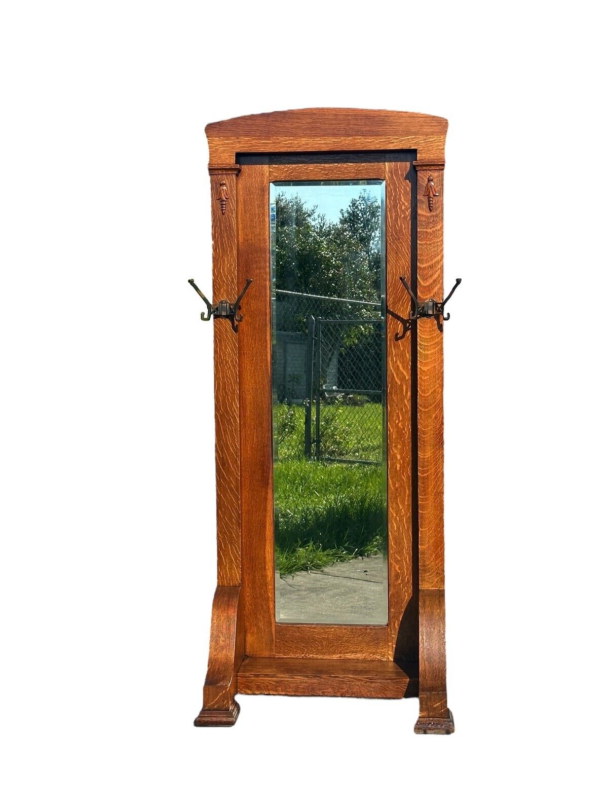 Antique Arts & Crafts Tiger Oak Hall Tree With Beveled Mirror & Japanned Hooks