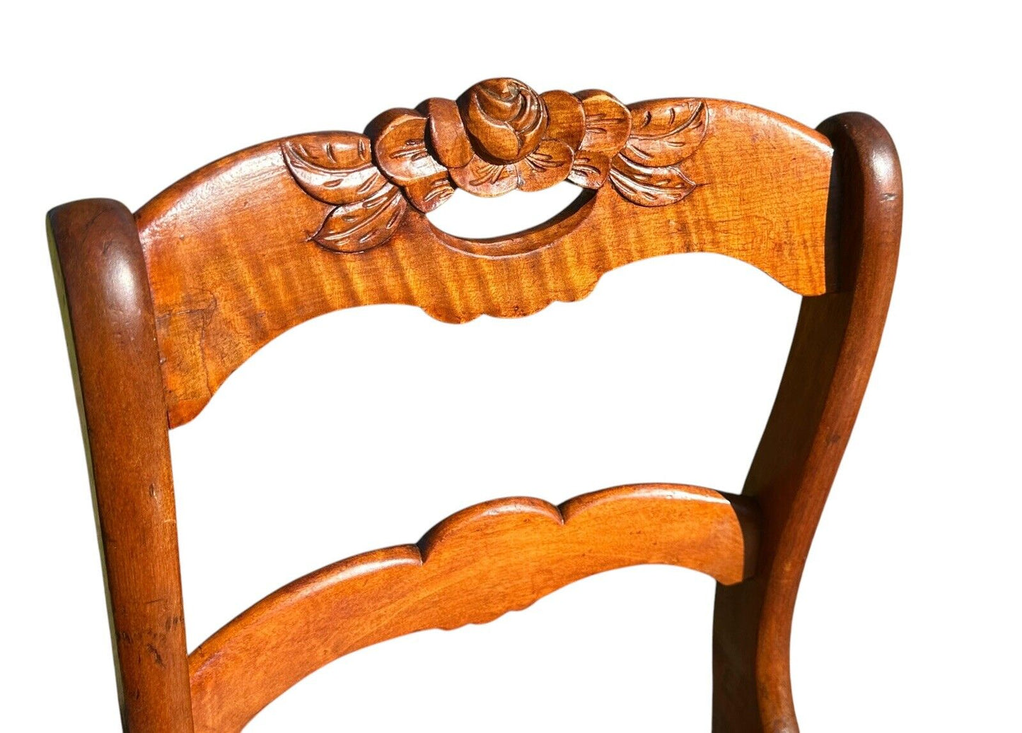 Pair of Antique Federal Period Tiger Maple Side Chairs With Rose Carved Crests