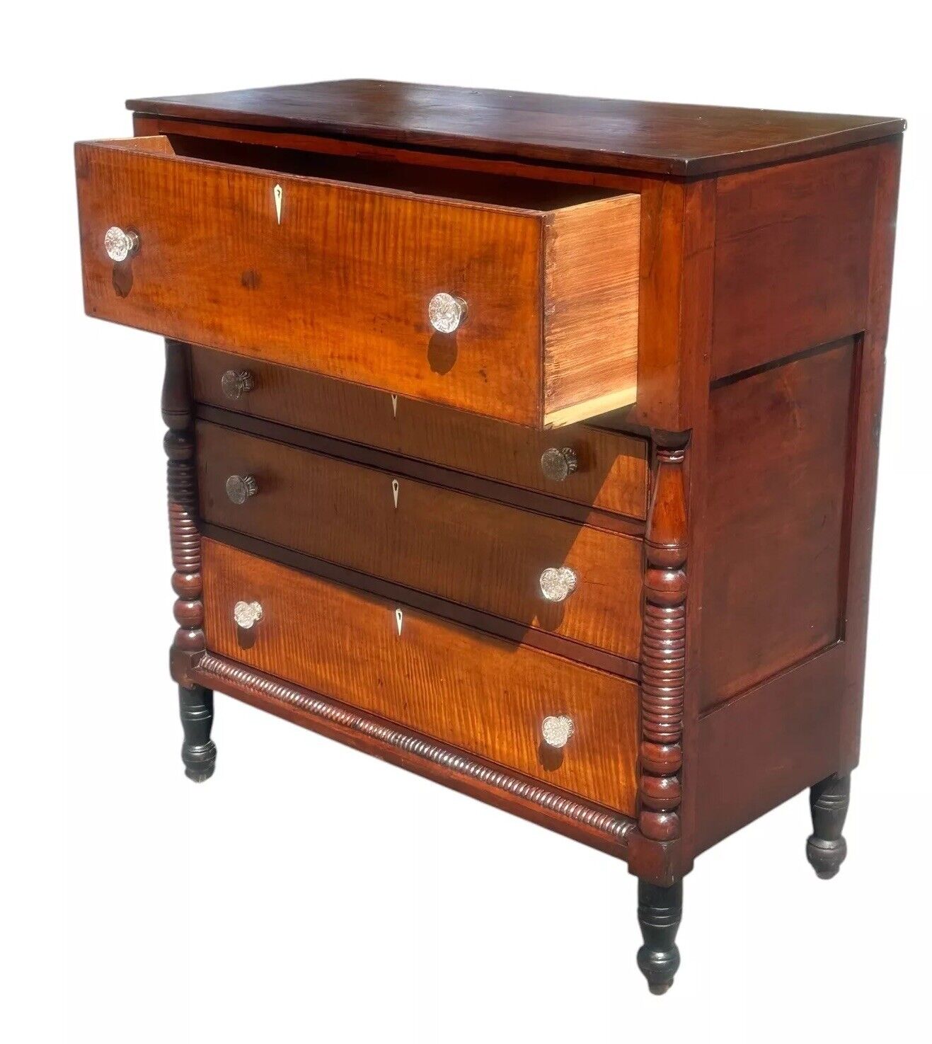 Antique Federal Period Tiger Maple & Cherry Spool Turned Tall Chest / Dresser
