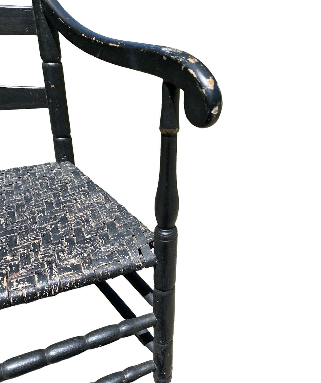 18th Century Antique Queen Anne Ladderback Chair in Black With Ram's Head Arms
