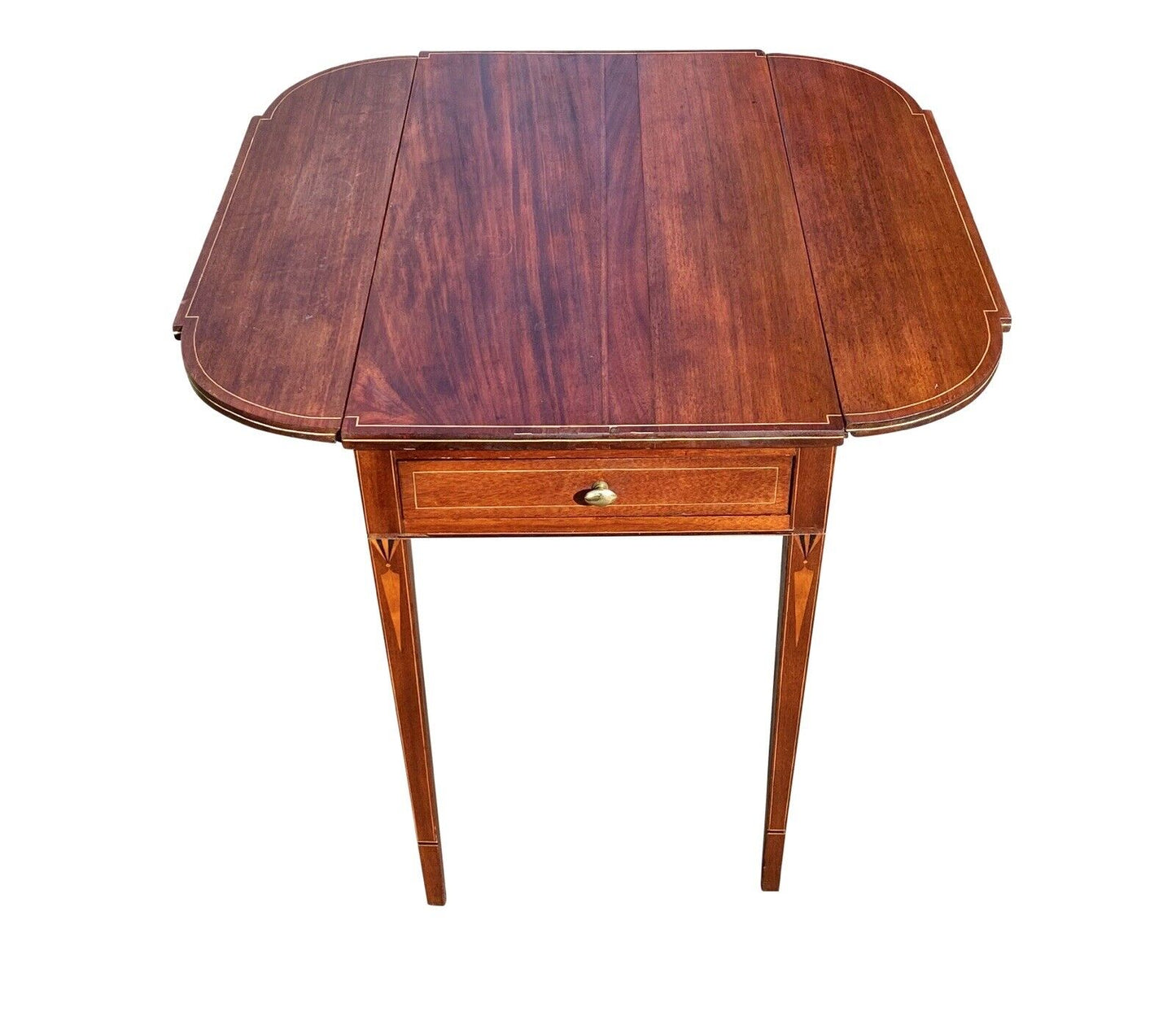 Antique Mahogany Drop Leaf Table with Drawer & Icicle Inlaid Legs