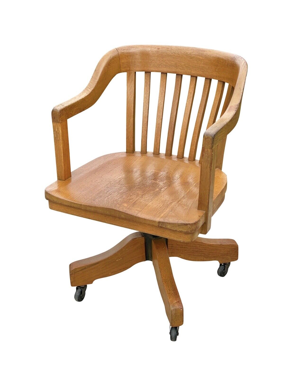 Antique Victorian Oak Bank of England Arm Chair With Curved Seat & Caster Wheels