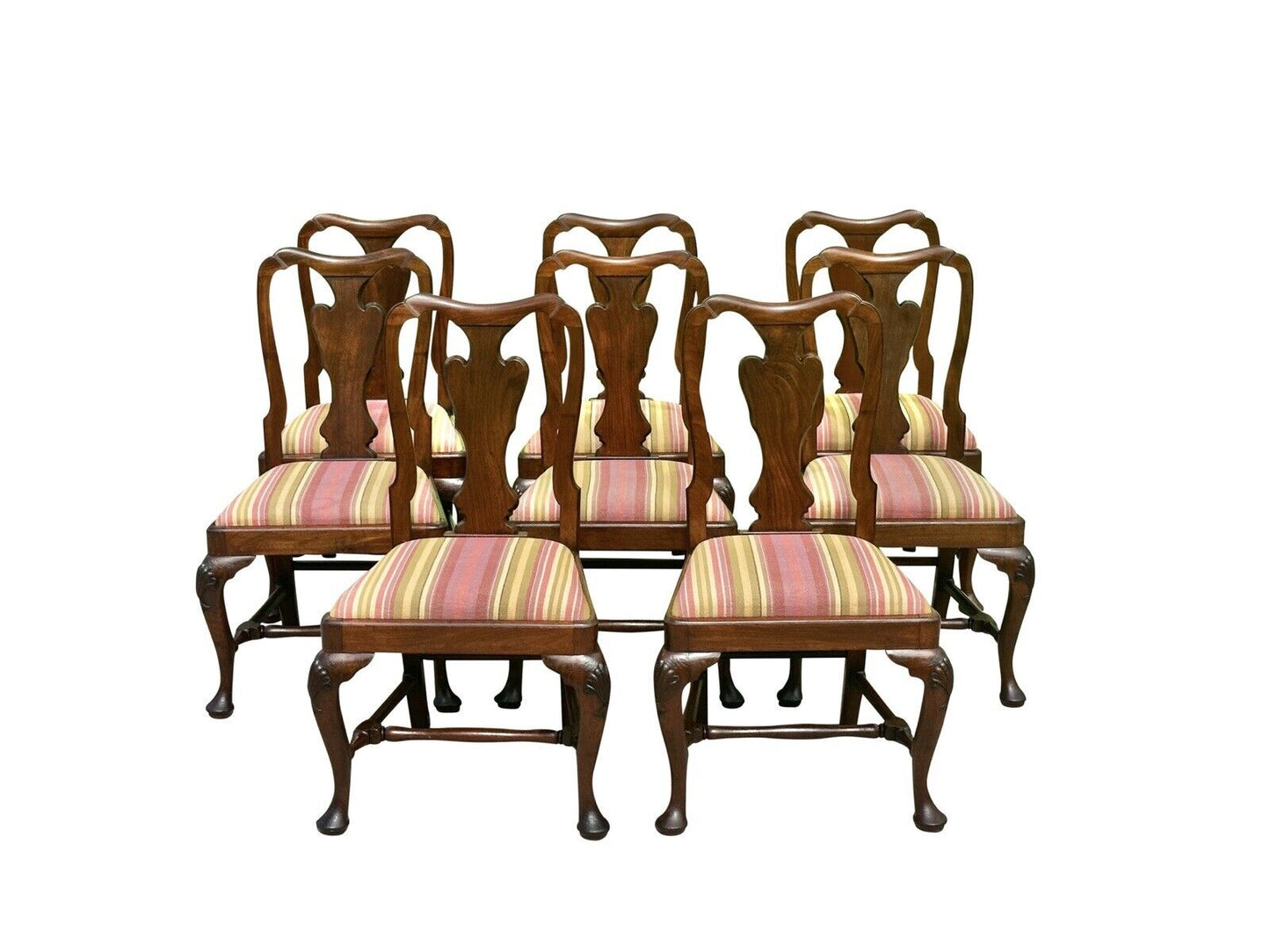 Set of Ten Queen Anne Style Walnut Shell Carved Dining Chairs With Penguin Backs