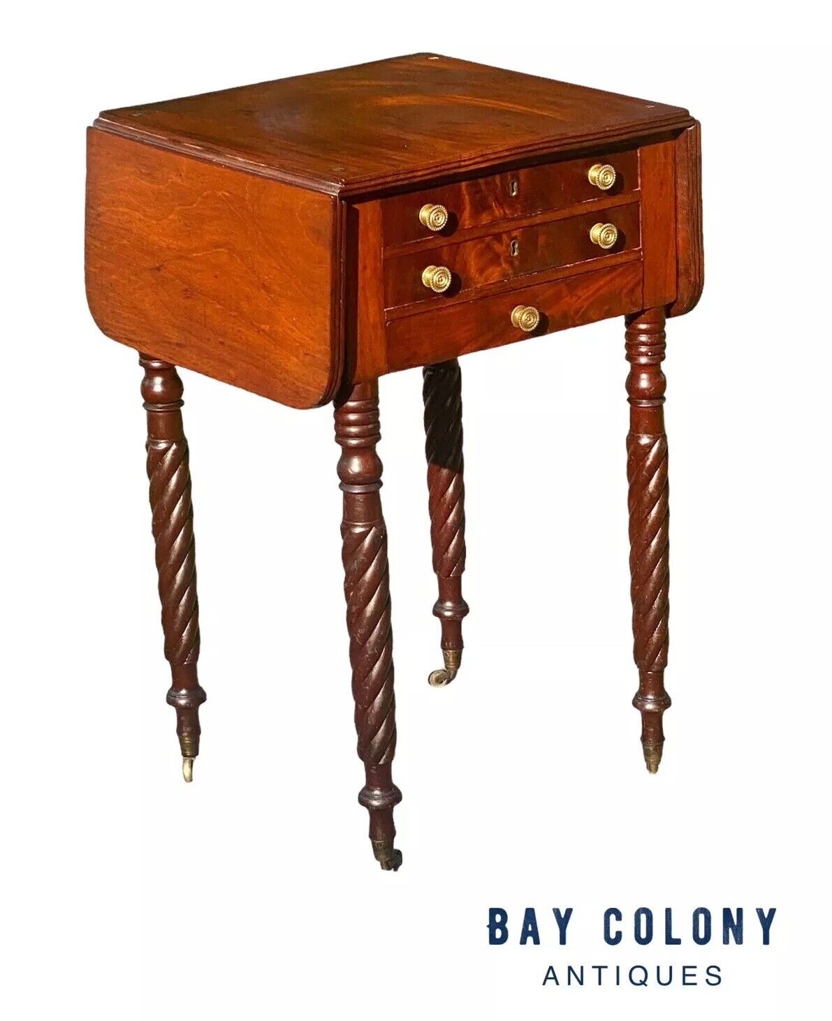 Antique Massachusetts 3 Drawer Dropleaf Worktable With Rope Carved Legs