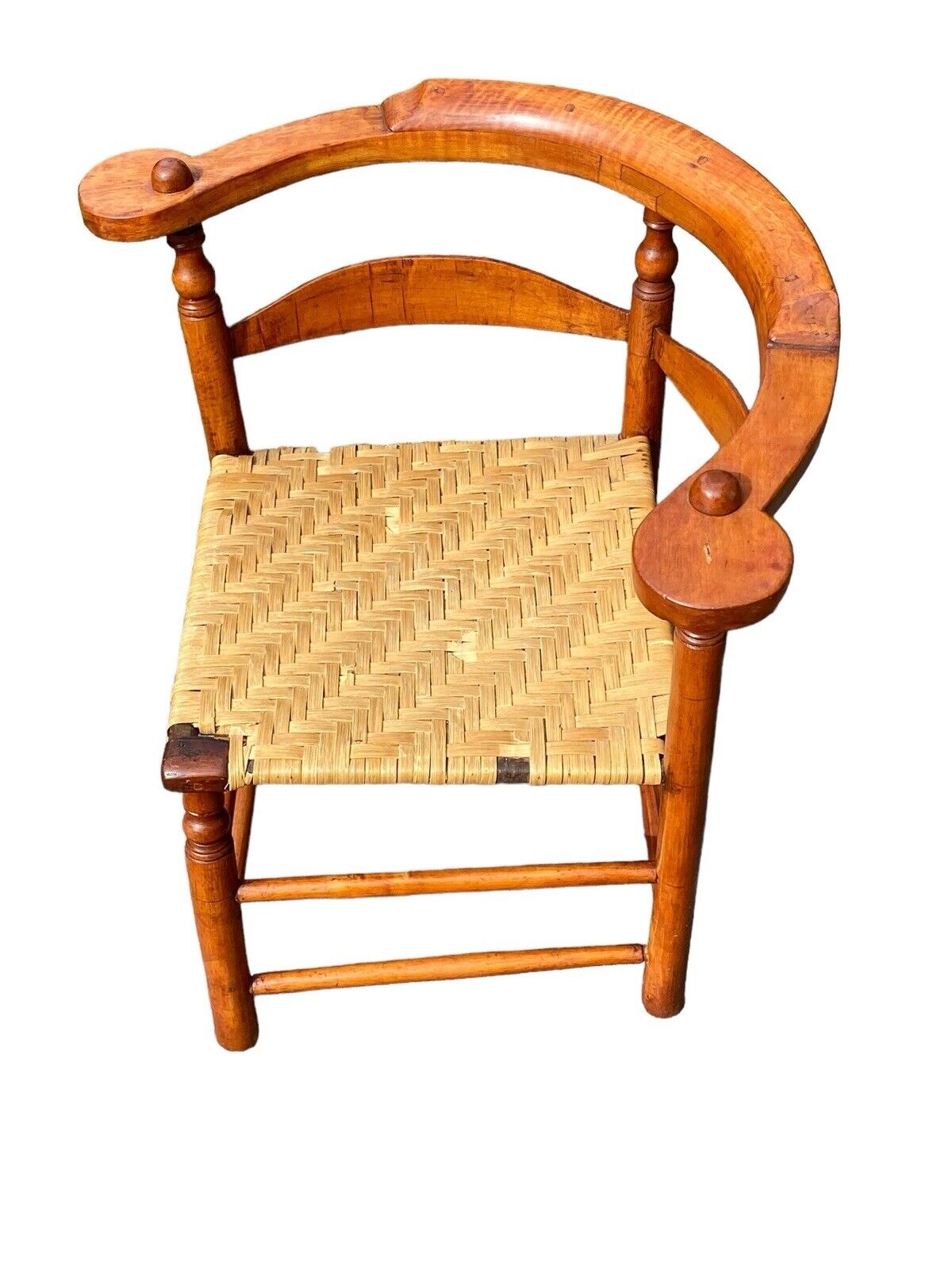 Antique Tiger Maple Corner Chair / Roundabout Chair w Splint Seat