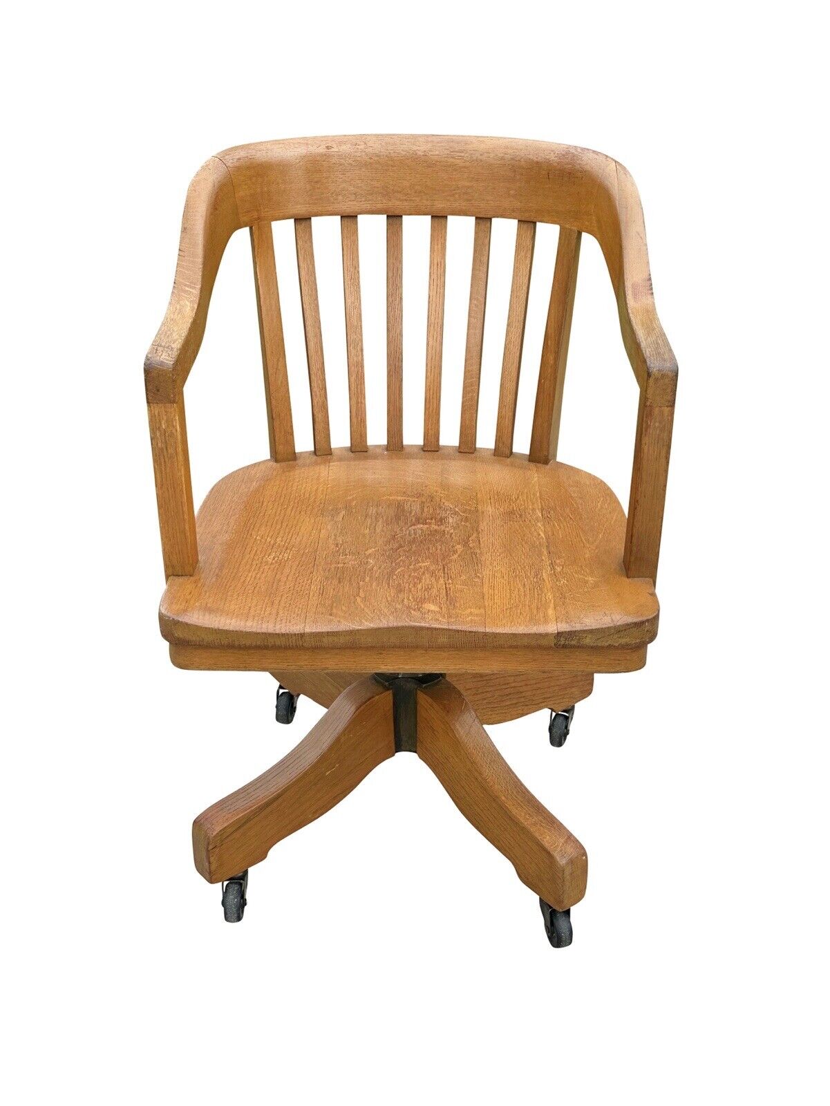 Antique Victorian Oak Bank of England Arm Chair With Curved Seat & Caster Wheels