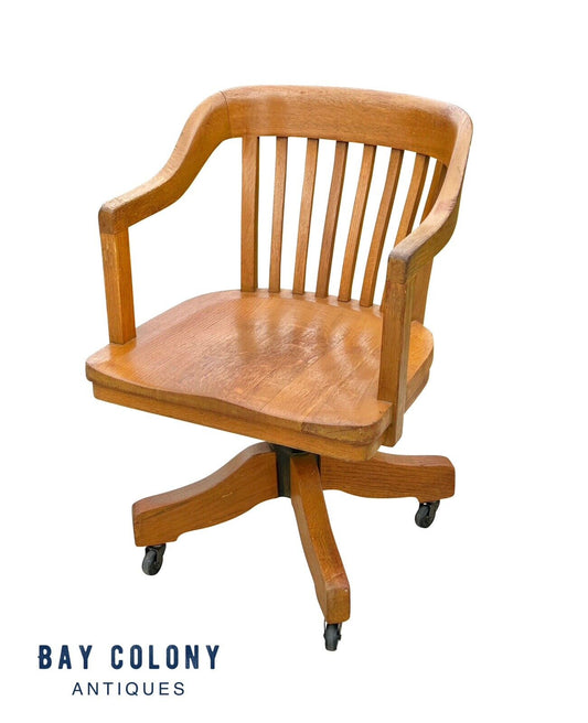 Antique Victorian Oak Bank of England Arm Chair With Curved Seat & Caster Wheels