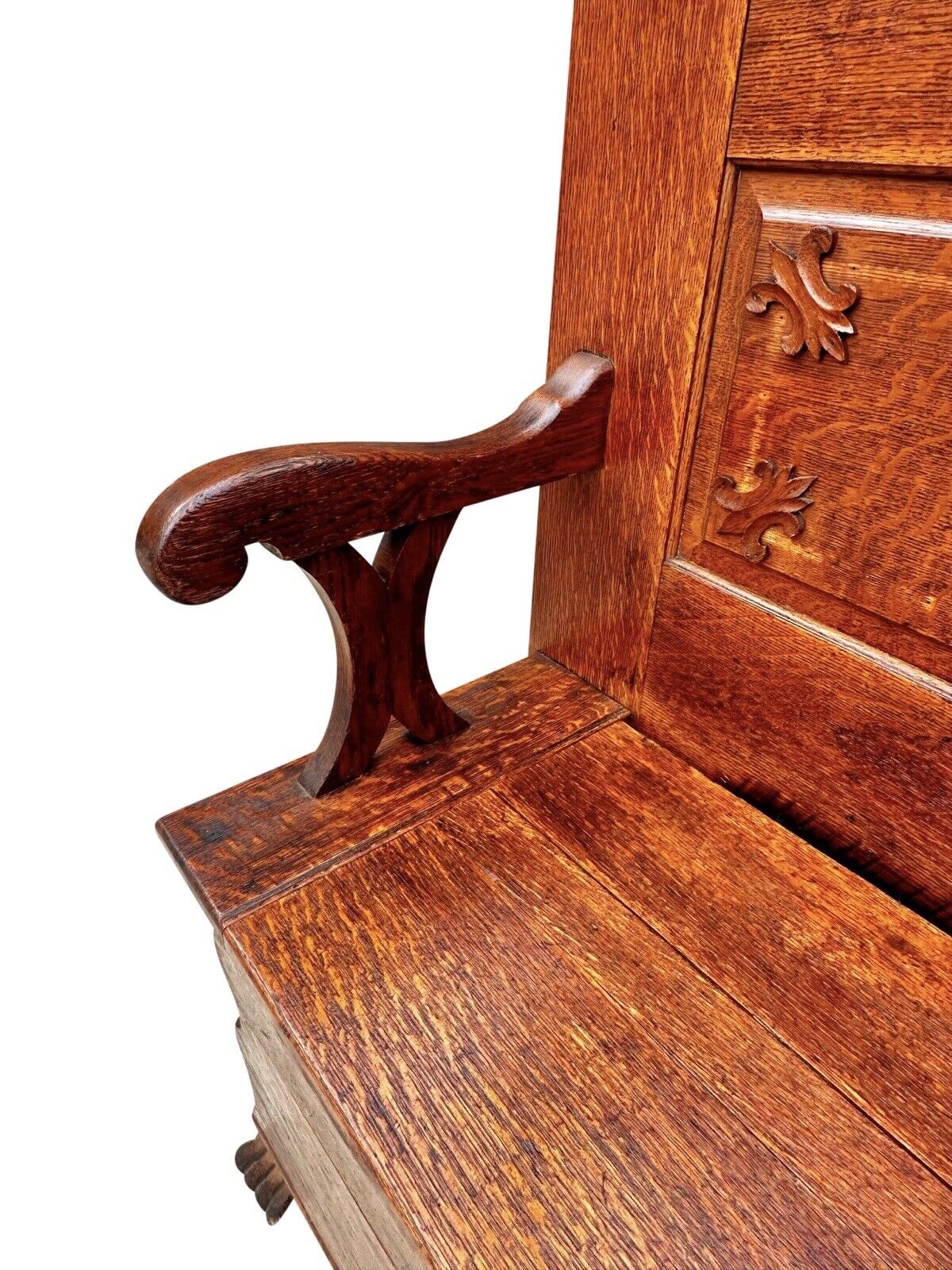 Antique Victorian Tiger Oak Hall Tree With Ribbon Carved Crest & Beveled Mirror