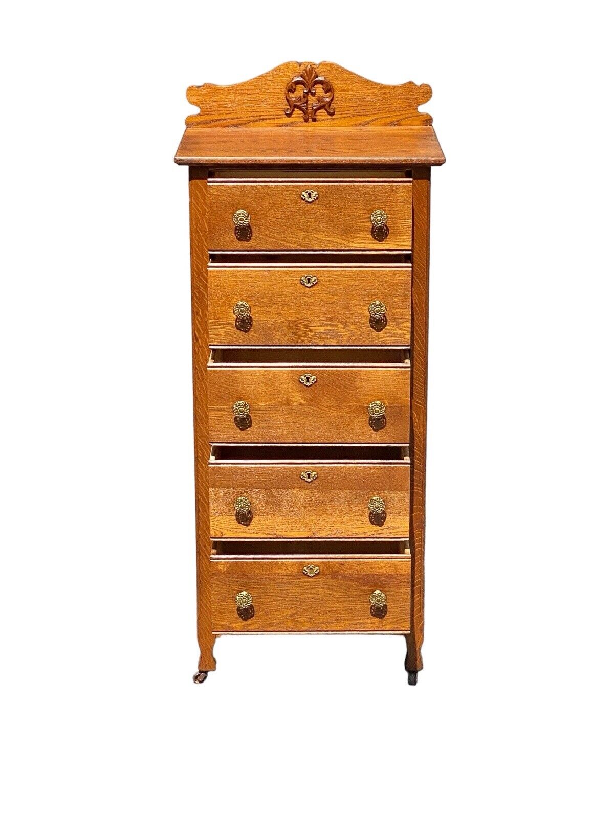Antique Victorian Oak Five Drawer Lingerie Chest With Scrolled & Carved Gallery
