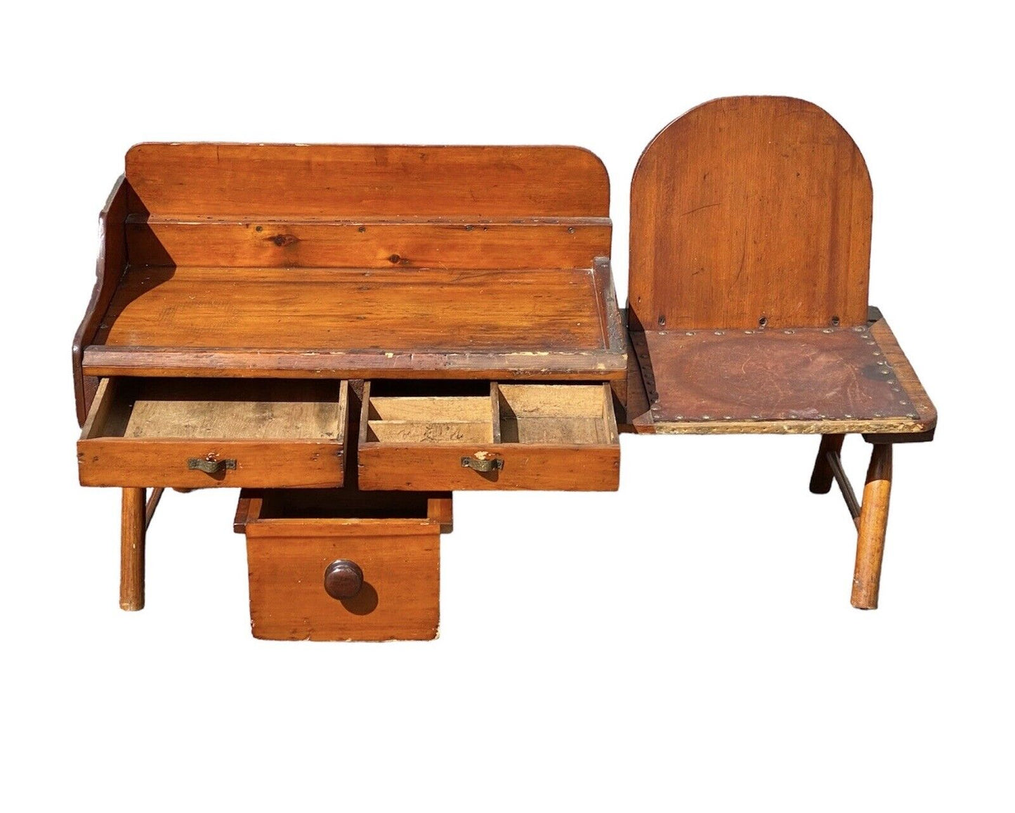 Antique Country Primitive Pine Cobblers Bench / Coffee Table with 3 Drawers