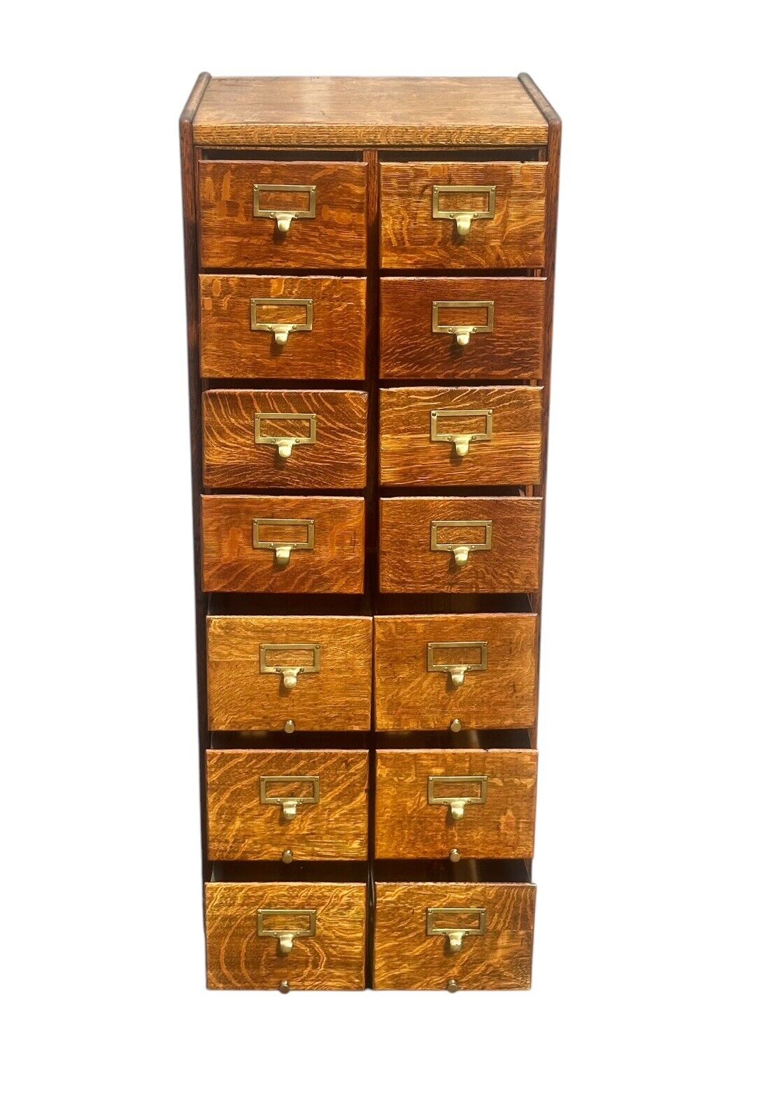 Antique Arts & Crafts Tiger Oak Raised Panel Fourteen Drawer Index File Cabinet
