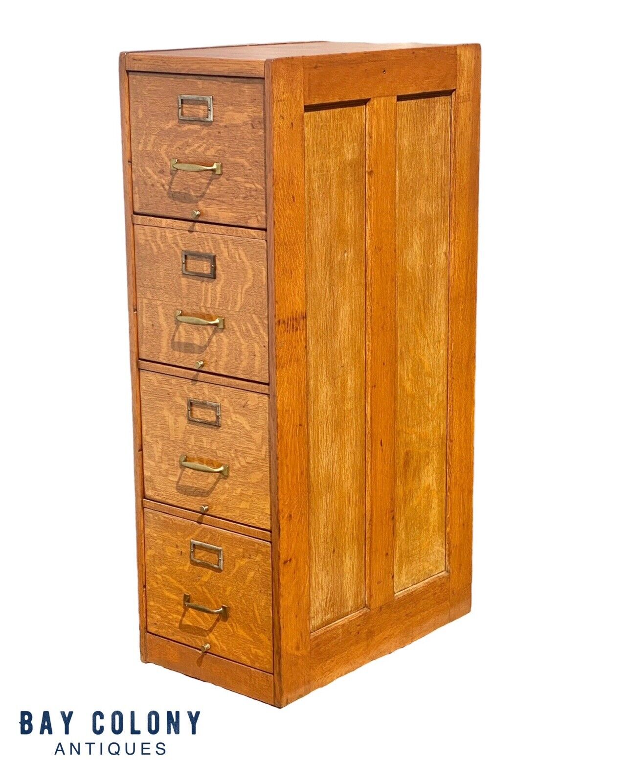Antique Oak 4 Drawer Wood File Cabinet with double paneled sides and original hardware