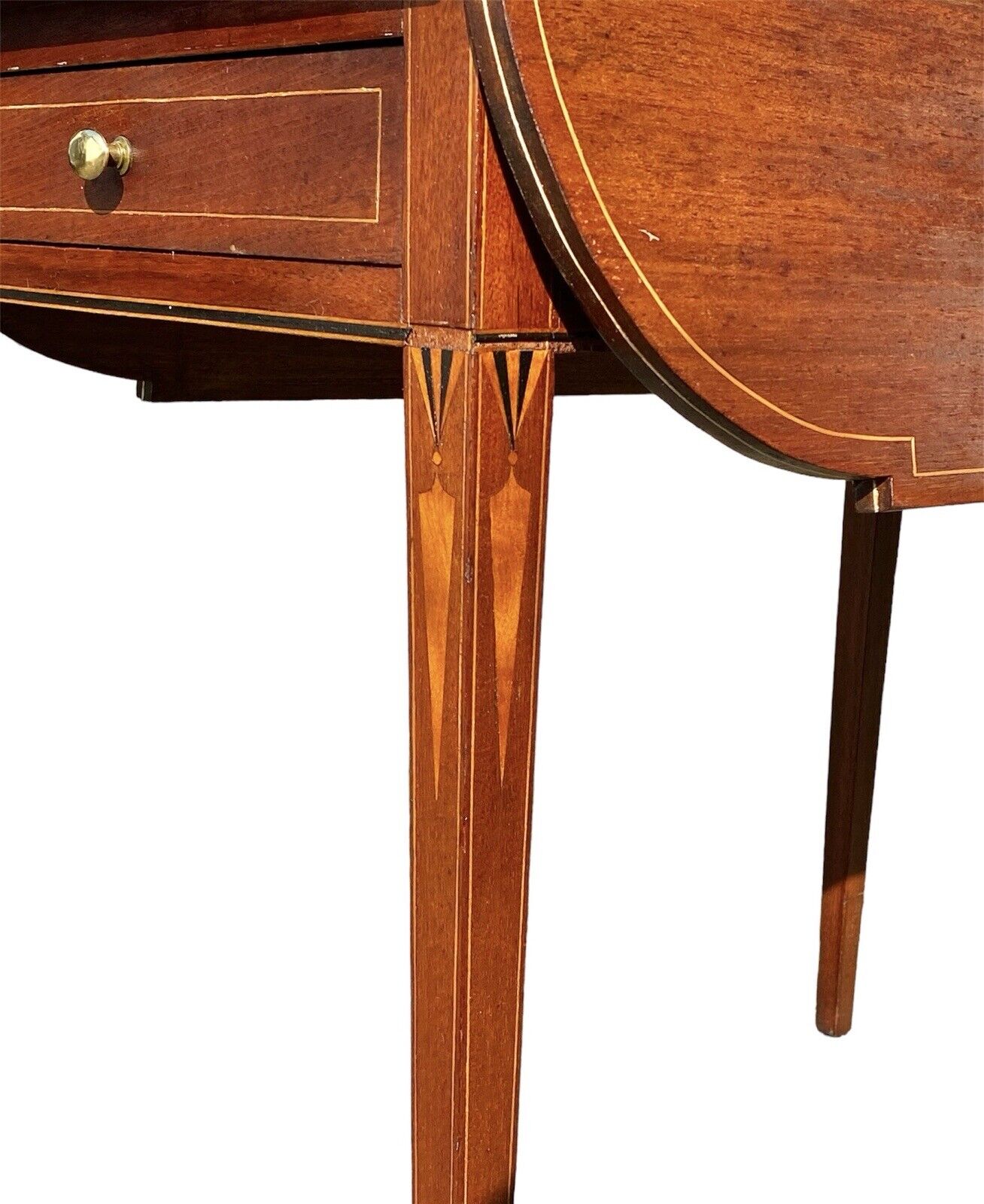 Antique Mahogany Drop Leaf Table with Drawer & Icicle Inlaid Legs