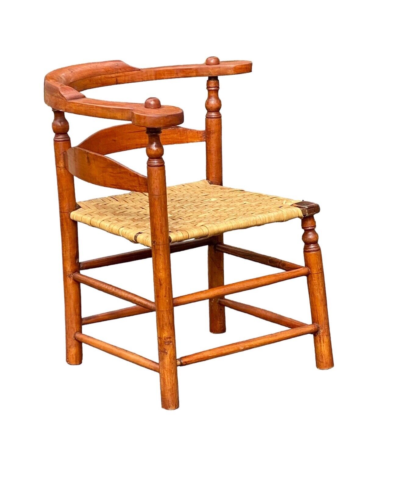 Antique Tiger Maple Corner Chair / Roundabout Chair w Splint Seat