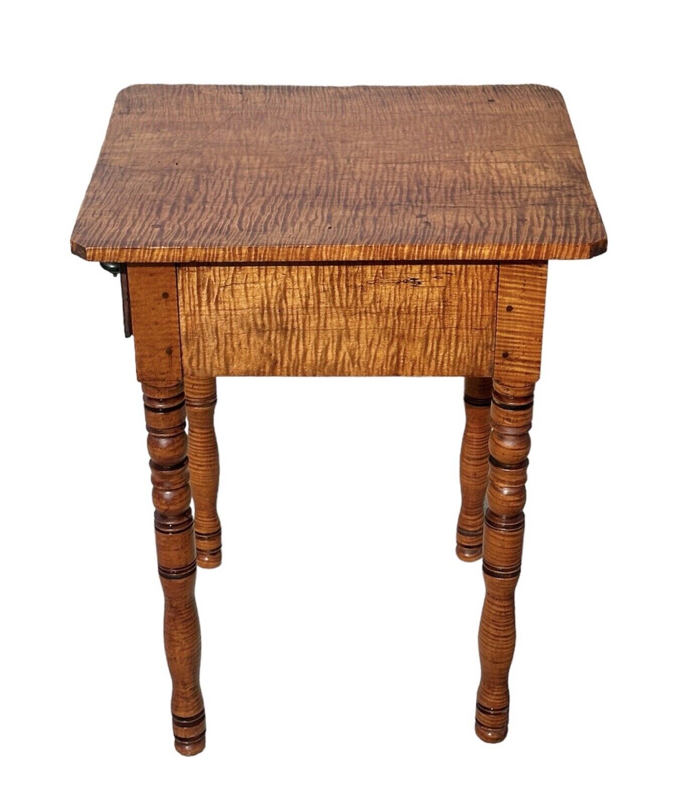 Antique Federal Style Tiger Maple Single Drawer Nightstand on Finely Turned Legs