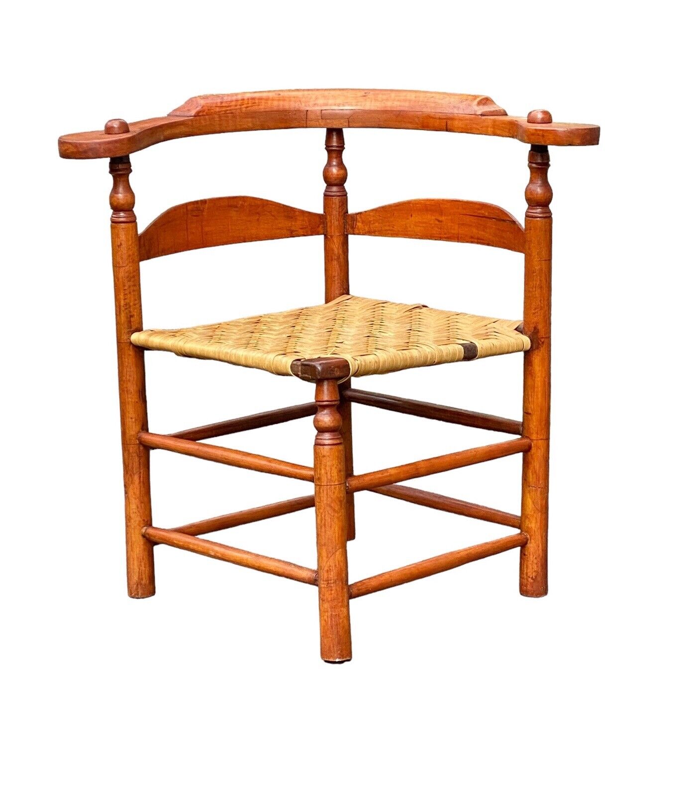 Antique Tiger Maple Corner Chair / Roundabout Chair w Splint Seat