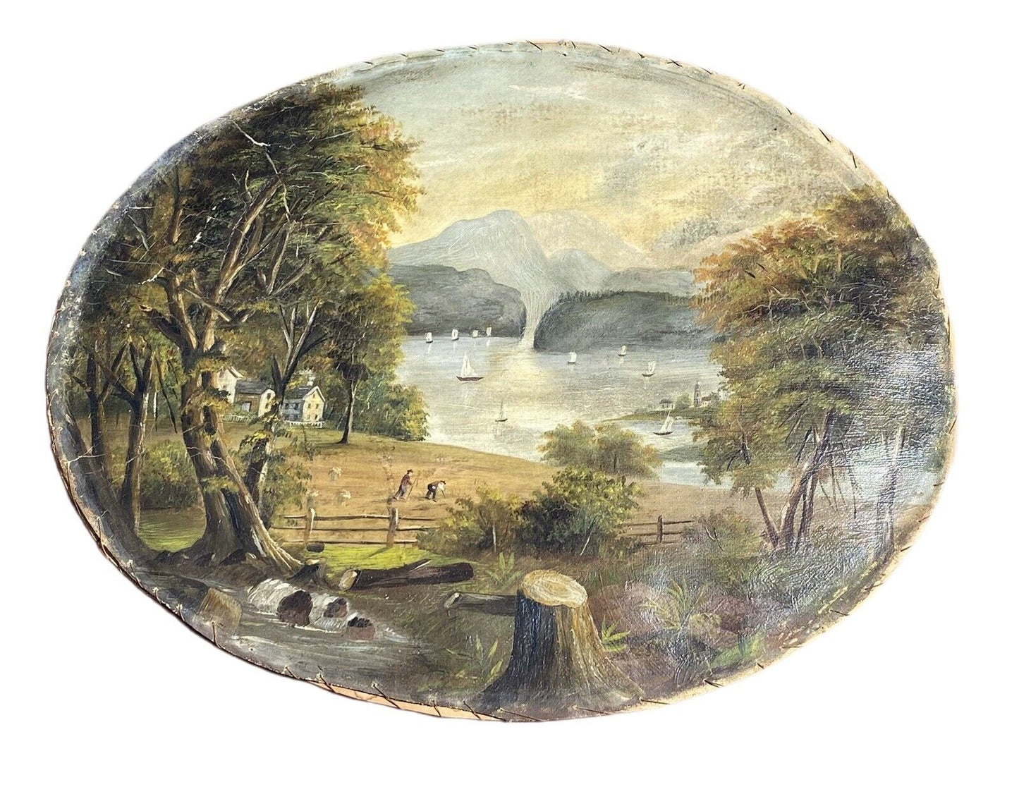 Antique Hudson River School Oval Oil Landscape Painting on Canvas - photo of art out of the original oval frame