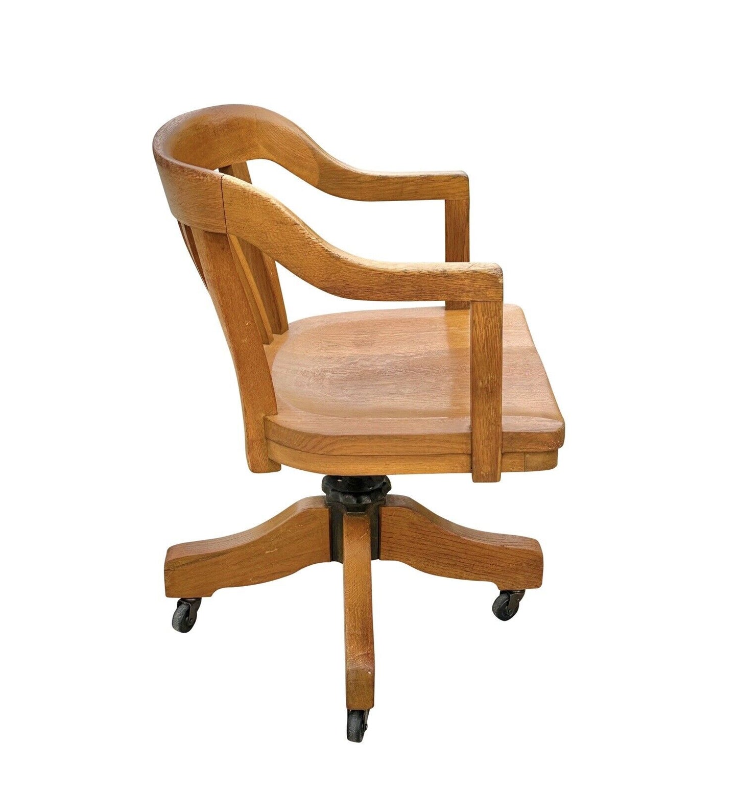 Antique Victorian Oak Bank of England Arm Chair With Curved Seat & Caster Wheels