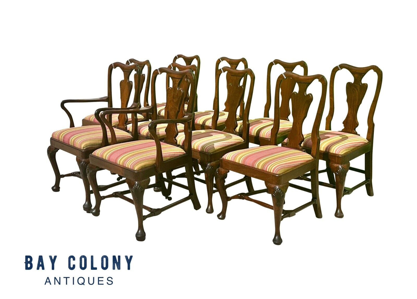Set of Ten Queen Anne Style Walnut Shell Carved Dining Chairs With Penguin Backs