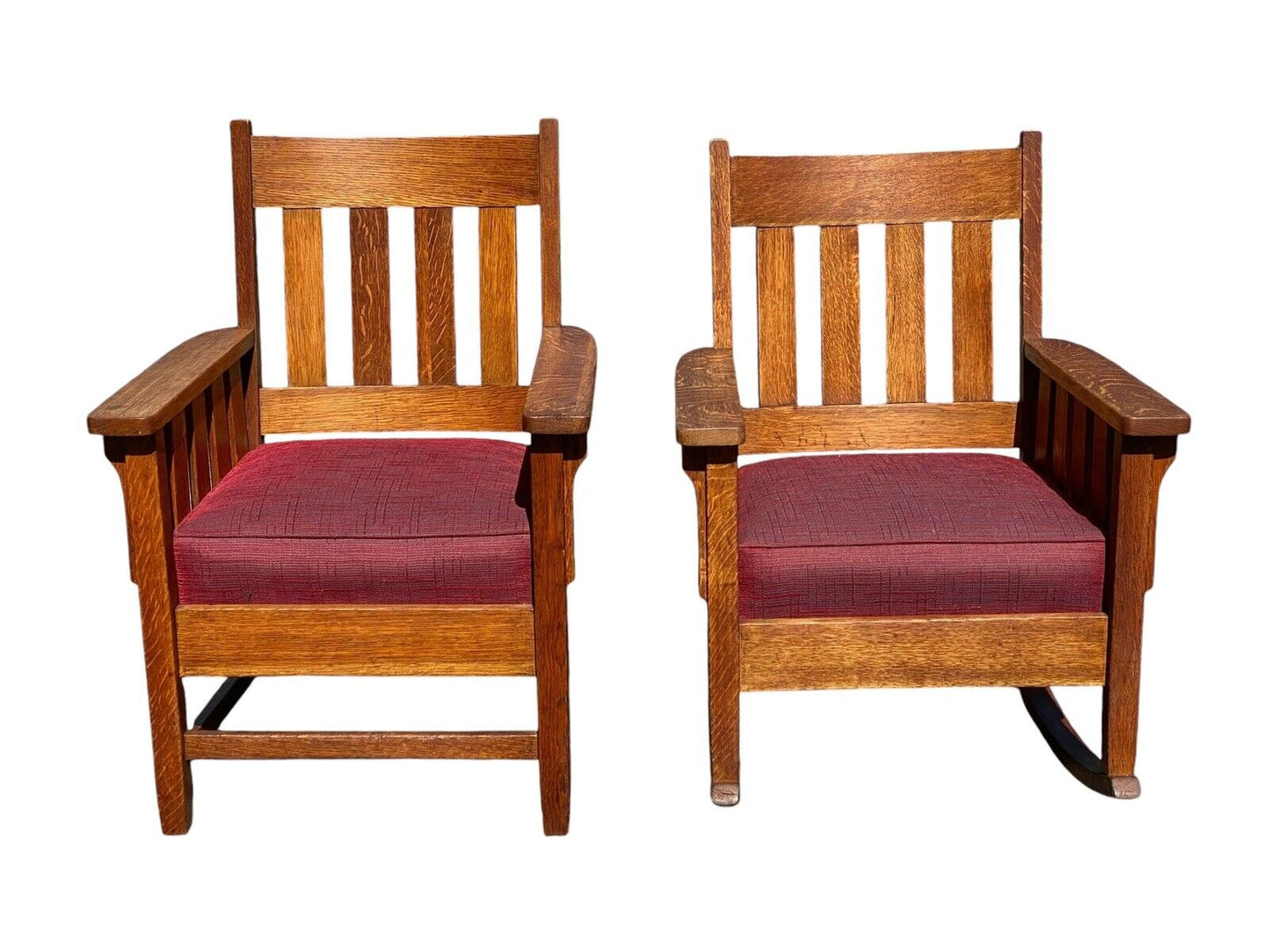 Pair of Antique Arts & Crafts Mission Oak Arm Chairs With Matching Footstool