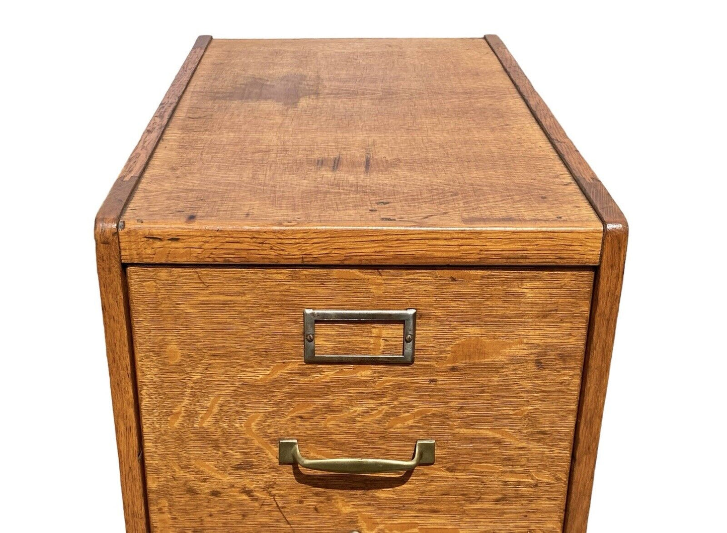 Antique Oak 4 Drawer Wood File Cabinet with double paneled sides and original hardware - photo of top