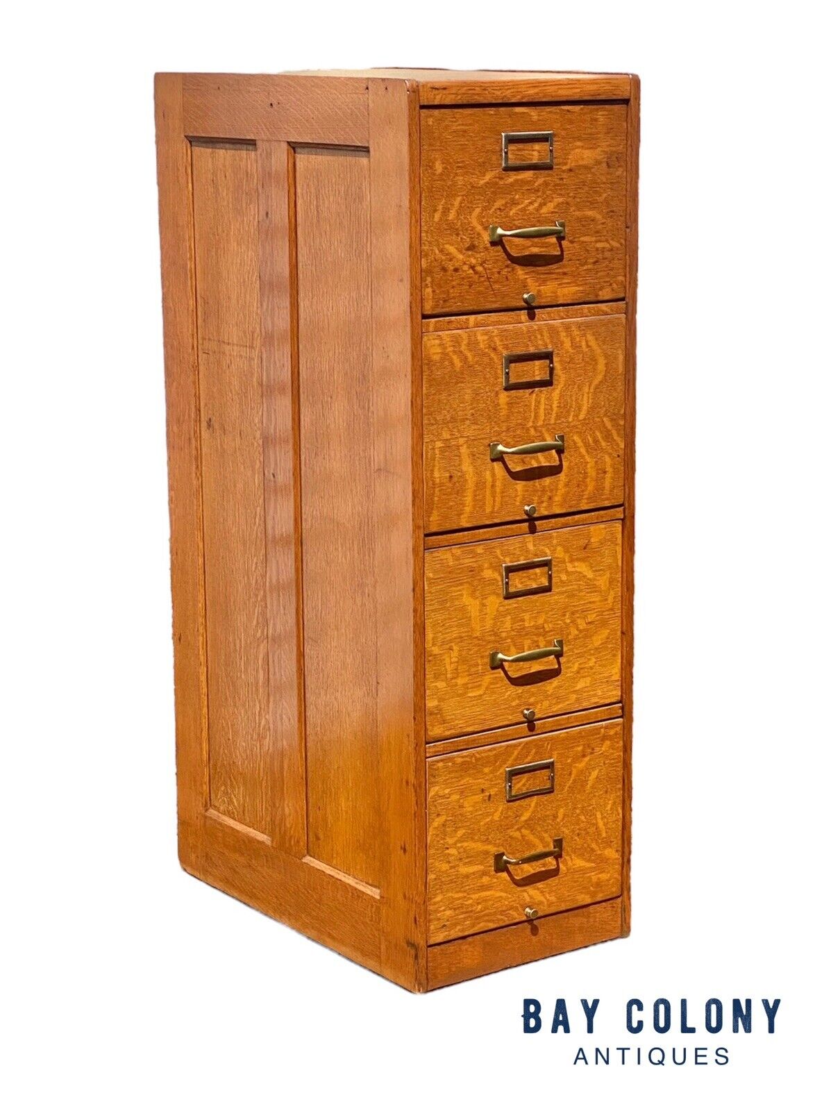 Antique Oak 4 Drawer Wood File Cabinet with double paneled sides and original hardware
