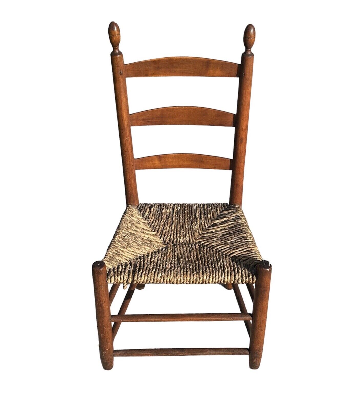 Antique 19th Century New England Ladderback Side Chair With Lemon Top Finials