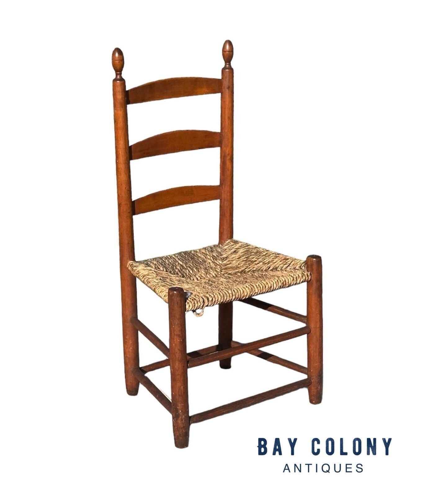 Antique 19th Century New England Ladderback Side Chair With Lemon Top Finials